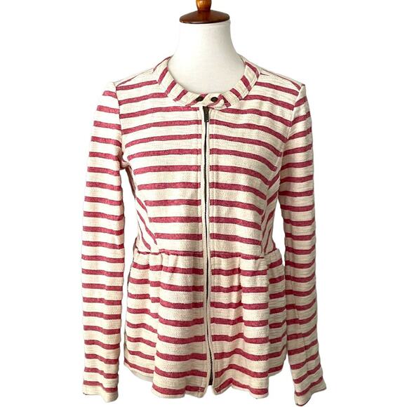 Free People Women's White Red Stripe Long Sleeve Full Zip Peplum Jacket SMALL - Picture 2 of 12